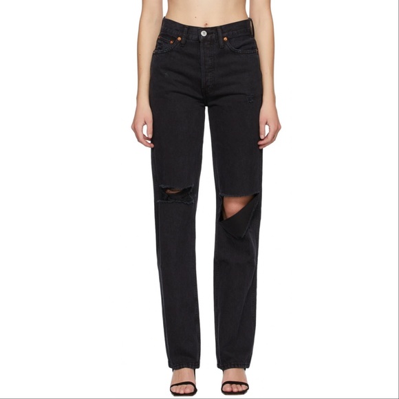 RE/DONE 90s High Rise Loose Ripped Jeans in Washed Black - Picture 1 of 4